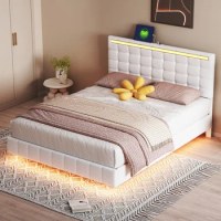 Queen Size Floating Bed Frame with LED Lights and USB Charging,Modern Upholstered Platform LED Bed Frame,Beige/White/Black