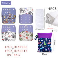 Pororo 4 Diapers+4 Inserts Washable Eco-friendly Baby Cloth Diaper Ecological Adjustable Nappy Reusable Diaper with Insert &amp; Bag