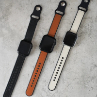 【ALL TIME 完全計時】Apple Watch S7/6/SE/5/4 42/44/45mm 釘扣造型皮革拚矽膠錶帶