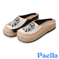 【Paella】平底拖鞋 包頭拖鞋/復古民族風國劇臉譜刺繡亞麻透氣包頭平底拖鞋(米)