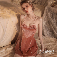 性感睡衣 甜美花邊法式浪漫絲絨吊帶裙。粉色 久慕雅黛
