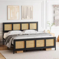 IDEALHOUSE King Size Bed Frame, Metal Bed Frame with Rattan Headboard and Footboard, Rattan Platform Bed Frame