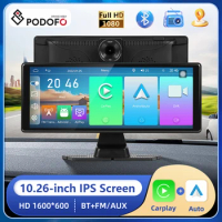 Podofo 10.26inch Dash Cam with Front Camera Wireless Carplay Android auto Car DVR Bluetooth FM AUX Dashboard Drive Recorder