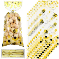 50Pcs Honey Bee Candy Treat Bags Bees Cellophane Bag with Twist Ties Biscuits Snacks Wrapping Pouch for Birthday Party Supplies