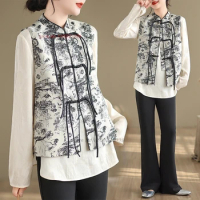 2024 woman vintage hanfu tops chinese traditional ethnic vest national jacquard stand collar vest oriental sleeveless jacket