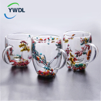 12pcs Fillings Dry Flowers Double Wall Glass Cup With Handle Heat Resistant Tea Coffee Cups Espresso Milk Mug Creative Gift
