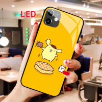 Luminous Tempered Glass phone case For Apple iphone 12 11 Pro Max XS Kawaii Purin Acoustic Control Protect LED Backlight cover