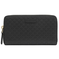 【GUCCI 古馳】經典雙G LOGO小牛皮壓紋拉鍊發財零錢長夾(黑)