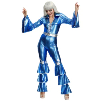 Blue Dance Jumpsuit Retro 60s 70s Hippie Nightclub Singer Disco Stage Halloween Cosplay Costume