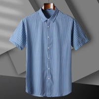 men's short sleeve summer thin shirt Business casual breathable blue gray striped shirt for men Large size 6XL 7XL8XL