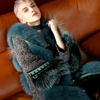 Women Winter Blue Fox Fur Coat, Horseshoe Sleeve, Sheep Genuine Leather Long Fur Coat Real Fur Coats for Women