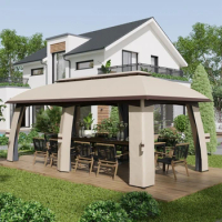 10' x 20' Patio Gazebo, Outdoor Gazebo Canopy Shelter with Netting, Vented Roof for Garden, Large &amp; Spacious, Beige