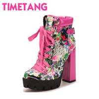 TIMETANG New European and American Motocycle Women Ankle Boots Punk Style Thick Platform Chunky Heels Cool Woman Shoes Chukka