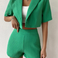 Elegant Short Sleeve Blazer Sets Knit Notched Collar Crop Blazer &amp; Shorts Set