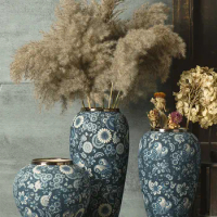 Ceramic Vase Tabletop Decoration Handmade Vase Chinese Style Hand-painted Flower Vessel Retro Ornament Vase Decoration Home