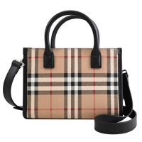 【BURBERRY 巴寶莉】英系經典格紋迷你手提包斜背包兩用包(卡其/黑邊)