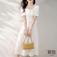 【初色】清涼感泡泡袖法式高腰短袖連衣裙雪紡連身洋裝-白色-67865(M-2XL可選)