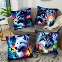 （ISG)  Home Decor Colorful Wolves in Nature Pattern Pillowcase Pattern Cushion Cover Suitable for So