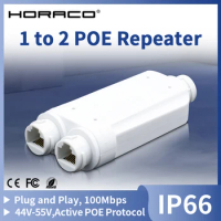 HORACO 2 Port Waterproof POE Repeater IP66 10/100Mbps 1 to 2 PoE Extender with IEEE802.3af/at 48V Outdoor for POE Switch Camera