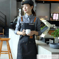 時尚牛仔圍裙訂製咖啡廳奶茶面包店員工作服服務員掛脖圍腰刺繡字