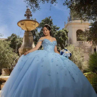 Elegant Sky Blue Quinceanera Dress 2024 Mexican Vestidos De 15 Princess Sweet 16 Birthday XV Ball Gown Cinderella Girl Dress