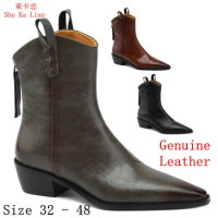 Spring Autumn Women Ankle Boots Genuine Leather 3.5 CM Low Med Heel Shoes Woman Short Boots botas Small Plus Size 32 - 48