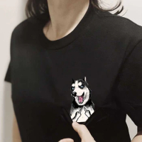 CLOOCL Siberian Husky Pocket T-Shirts Funny Dogs Middle Finger Printed Cotton T-shirt Men Women Short Sleeve Shirts Hip Pop Tops