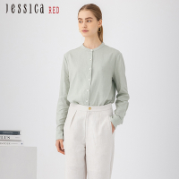 JESSICA RED - 知性舒適透氣亞麻混紡長袖襯衫824133（綠）