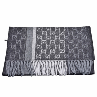 GUCCI 經典雙G LOGO織花喀什米爾羊毛流蘇裝飾圍巾(深灰色)