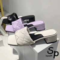 【Sp house】粗編織一字露趾粗跟拖鞋(3色可選)