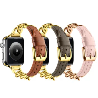 Women's Metal Link Bands for Apple Watch Band Ultra 49mm 45mm 41mm 44 40mm Slim Leather Bracelet Iwatch Serie 8 7 6 SE 5 3 Strap
