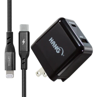 TENGWEI Type-C To Lightning PD MFi 認證快充線+HANG Type-C USB-A雙孔 PD+QC 4.0 3.0充電器-黑色組