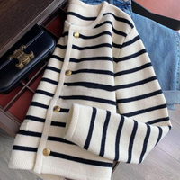 ＜109＞  Áo Cardigan Dệt Kim Phong Cách  Sọc Đen Trắng Áo Khoác Len Mẫu Ngắn Mặc Ngoài Thu Đông Mẫu Mớ