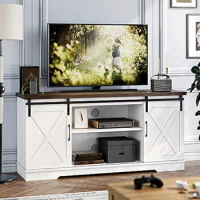 TV Stand for 65In TV,Farmhouse Entertainment Center Media Console Cabinet,Barn Door Storage Console Table w/Shelves,White/Grey