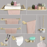 Brushed Gold Bathroom Accessories Set Stainless Steel Toilet Paper Holder Toilet Brush Holder Storage Shelf Towel Bar