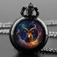 Zodiac sign Aries Quartz Pocket Watch for Women Men, Cool Black Necklace, Unique Pendant Clock ChainWatch Gift Accessories