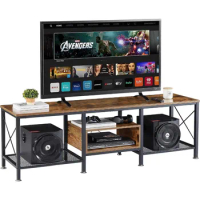 Industrial TV Stand for 65 Inch Television Cabinet 3-Tier Console with Open Storage Shelves, Entertainment Center Metal Frame