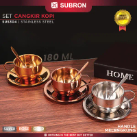 SUBRON SUS 304 Set Cangkir Kopi 180ml Sendok Pisin Handle Melengkung Stainless Silver Gold Rose Gold