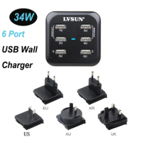 34W 6 Port USB Wall Charger Notebook Laptop Adapter for Xiaomi 12/11T Pro /11T/11 Lite 5G NE /11 Redmi Phones USB Type C Charger