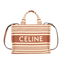CELINE 賽琳 CABAS THAIS 小型 條紋字母帆布肩背手提托特包(磚紅)