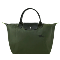 【LONGCHAMP】LE PLIAGE GREEN系列刺繡短把再生尼龍摺疊水餃包(中/森林綠)