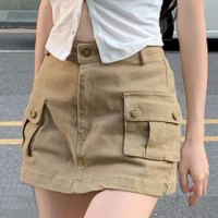 Women Demin Shorts Ladies Summer High Waist Y2K Vintage Streetwear Slim Fit Mini Skirts Female A-Line Big Pocket Cargo Skirt