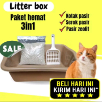 BASKOM BAK KUCING PLASTIK KOTAK Kotoran Kucing 1set Tempat Pup Kucing paket 3 in 1 Bak pasir kucing 