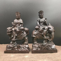 越南沉香木雕刻文殊菩薩普賢菩薩供奉擺件華嚴三圣家用佛像工藝品