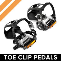 Bike Pedals Aluminum Alloy Bicycle Pedal with Toe Clip Nylon Straps Spin Bike Pedals for Bicycle Cycling Spinning Indoor Trainer