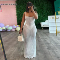 ANJAMANOR Spaghetti Strap Backless Long Maxi Dress Transparent Mesh White Outfit Woman Sexy Summer Vacation Dresses 2024 D87CZ25