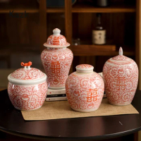 Chinese Style Enamel Colored Ceramic Vase Light Luxury Wedding Decoration Double Happiness Sealed Candy General Jar Home Vase