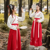 Ancient Traditional Chinese Woman Hanfu Dress Flower Embroidery Oriental Han Dynasty Cosplay Outfit Folk Dance Stage Costume