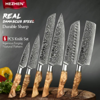 HEZHEN 6PC Kitchen Knife Set l Damascus Steel Chef Santoku Bread Cook Knife For Meat Sharp Kitchen Knife Tool