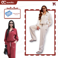 Set Bộ ECOCHIC CREAMY CHIC Áo Cổ Đứng Khoá Zip Nửa Phối Quần Suông Ống Rộng Dây Rút Viền Sọc Chất Li